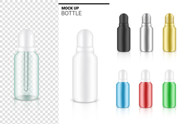 Διαφανές Σταγονομετρητής μπουκάλι Mock up Ρεαλιστικό καλλυντικό για Skincare Essential Merchandise ή φάρμακο σε λευκό φόντο Εικονογράφηση. Υγεία, Ιατρική και Επιστήμη Concept Design. - Διάνυσμα, εικόνα