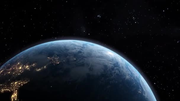 Animazione del pianeta Terra che vola nello spazio tra le stelle. - Filmati, video