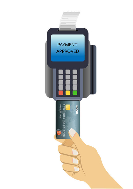 Using Pos terminal concept. Hand pushing credit card in to bank card reader. Credit card payment. Vector illustration in flat style. Transaction approval process. - Vector, Image