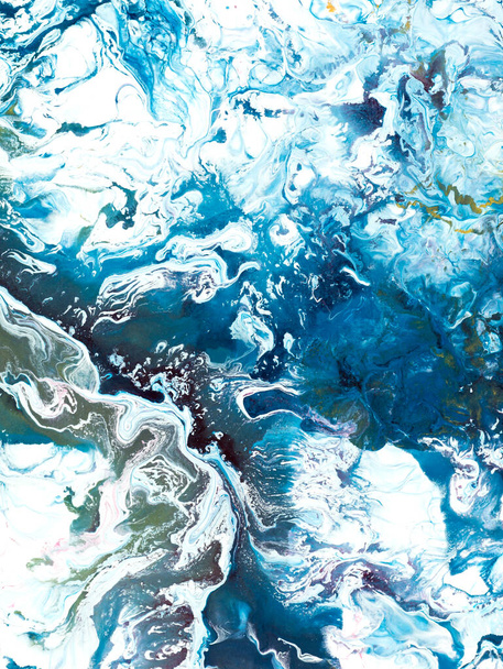 Fala niebieska twórcze abstrakcyjne ręcznie malowane tło, faktura marmuru, abstrakcyjny ocean, malarstwo akrylowe na płótnie. Sztuka nowoczesna. Sztuka współczesna. - Zdjęcie, obraz