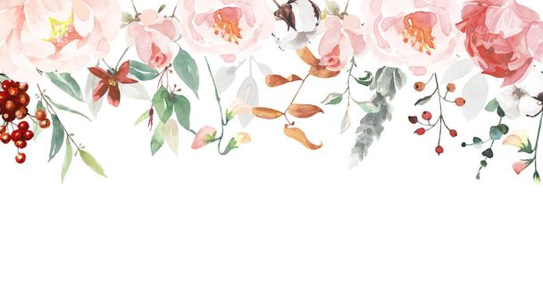Υδατογραφία χέρι βαμμένο πράσινο floral banner με πράσινα φύλλα, βότανα, κλαδιά, αγριολούλουδα και μούρα. Ρυθμίσεις με λουλούδια ακουαρέλας. Εικόνα απομονωμένη σε λευκό φόντο. - Φωτογραφία, εικόνα