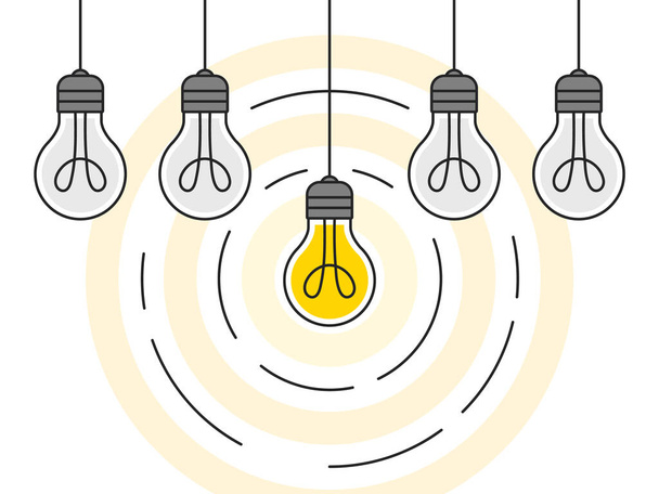 Idea. Set of hanging light bulbs with one glowing. Light bulb icons. Vector illustration - Vector, Image