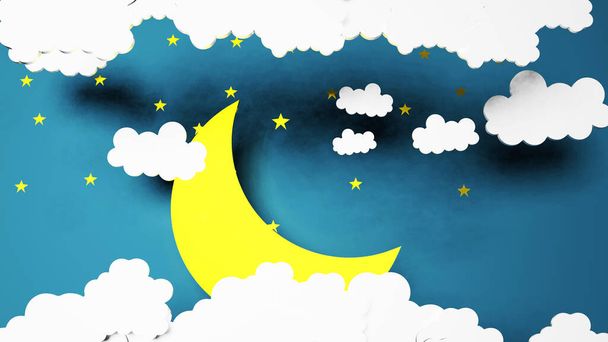 Arte de papel boa noite e sonhos doces estrelas e noite céu noite conceito e origami origami lua amarela com nuvens brancas e estrelas no fundo azul - Foto, Imagem