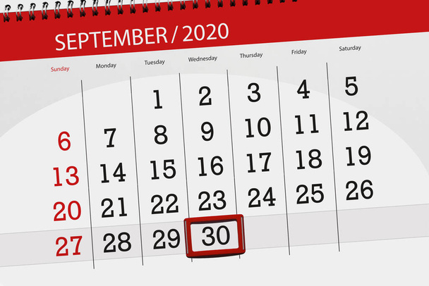 Календарь планировщик на месяц сентябрь 2020, крайний срок, 30, среда. - Фото, изображение