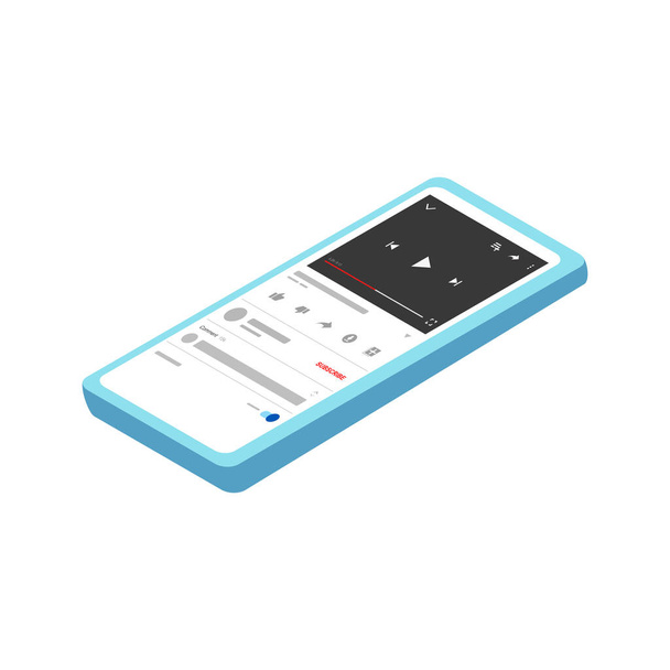 Izometrická ilustrace chytrého telefonu otevírajícího aplikaci pro streaming videa v izometrickém stylu. izometrický plochý design, vektorová ilustrace - Vektor, obrázek