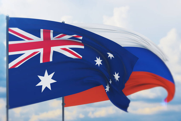 Zwaaiende Russische vlag en vlag van Australië. Close-upweergave, 3D-illustratie. - Foto, afbeelding