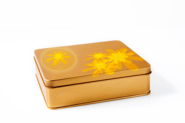 Mid-autumn festival moon viewing, golden moon cake gift box on white background - Photo, Image