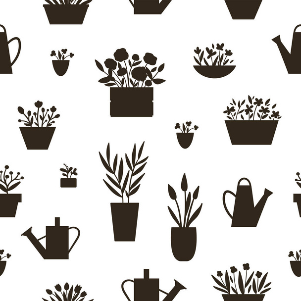 Vector seamless pattern with plants in pots and beds with watering cans silhouettes. Black and white background with houseplants for home gardening design. Spring and summer floral textur - Διάνυσμα, εικόνα