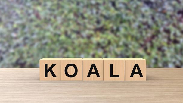 Koala - mot cubes en bois sur fond flou de table escalade feuilles vertes. Australie animal, urgence australienne, aider modèle de conception d'emblème de feu. Cliniques vétérinaires abris pour animaux illustration - Photo, image
