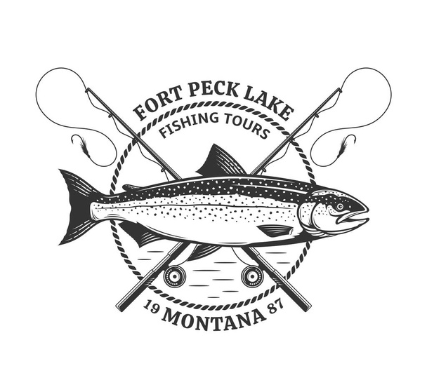 Vektorové logo rybolovu s lososovými rybami, rybářskými pruty, šňůrami a háky. Rybářský turnaj, obchod, prohlídka a táborové ilustrace - Vektor, obrázek