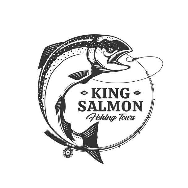 Vector fishing logo with salmon fish, fishing rod, line, and hook. Fishing tournament, tour, and camp illustrations - Vector, Image