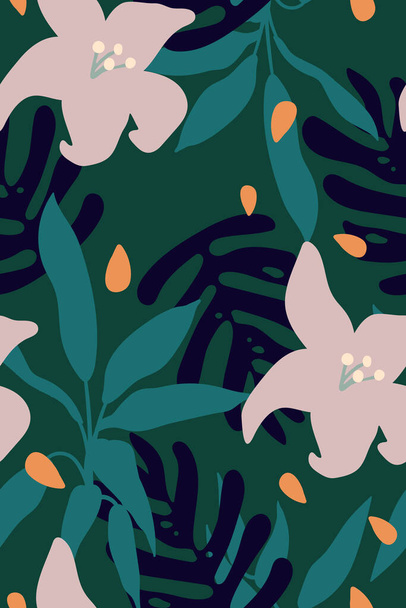 Tropische bloemen en bladeren, frisse pastelgroene kleuren, handtekenstijl, vintage minimaal naadloos patroon - Vector, afbeelding