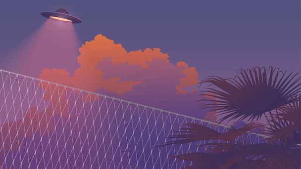 Dampfwolkenhimmel und Palmenlandschaft und Ufo fliegen vorbei, nostalgisches / ästhetisches Gefühl, weiche pastellfarbene Neon-Gradienten-Hintergrundschablone - Vektor, Bild