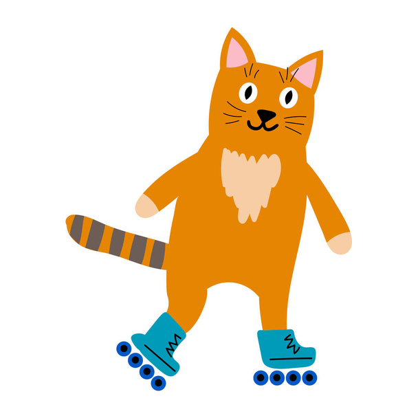Симпатичный мультик оранжевого кота на роликах, изолированных на белом фоне. Спортивное домашнее животное в детском стиле. Концепция детской печати. Векторная иллюстрация.  - Вектор,изображение