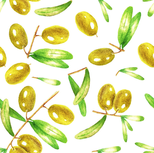 Green watercolor olive branch seamless pattern on white background - Zdjęcie, obraz