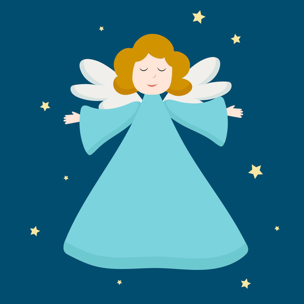 Christmas cute angel. Blue angel figure isolated on dark blue background with stars. Portrait view of flying angelic character in blue clothes. Vector design for greeting cards and invitations - Vektor, Bild
