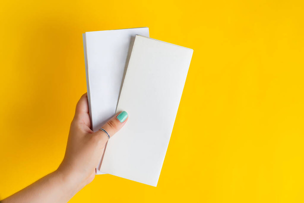 Due opuscoli di carta mockup bianchi in una mano di donne. - Foto, immagini