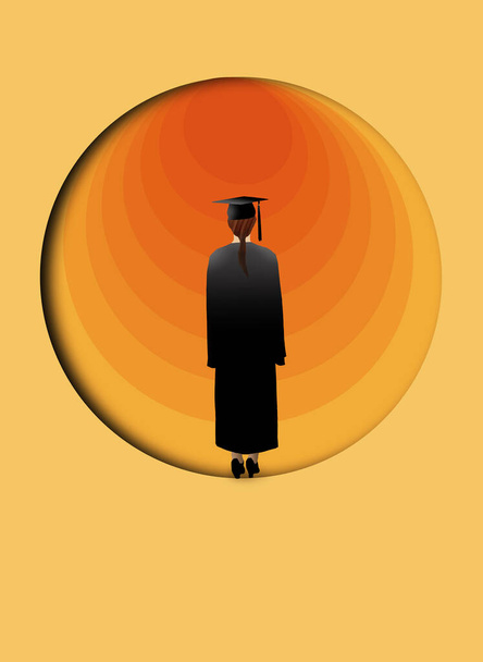 Een afgestudeerde vrouw wordt geconfronteerd met een tunnel van oranje kleuren die haar stap in de echte wereld vertegenwoordigen in deze 3-D illustratie. - Foto, afbeelding