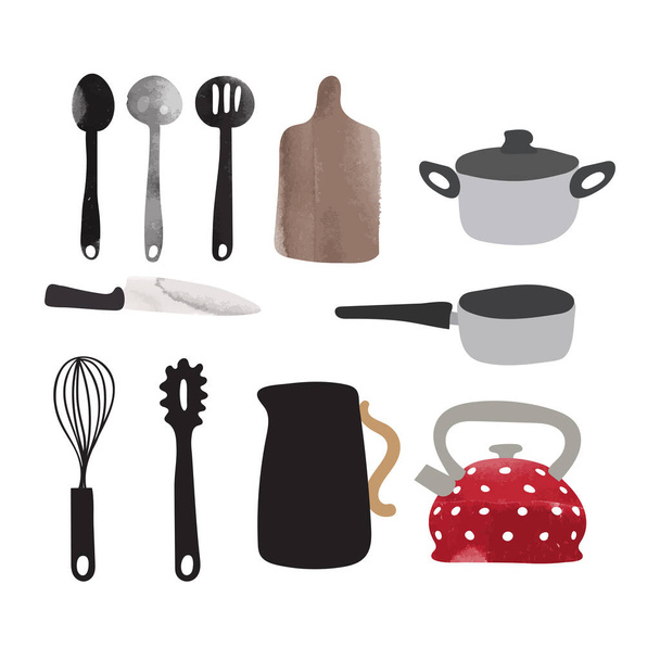 Set di utensili da cucina. pentole ad acquerello. bollitore, cucchiaio, pentole, coltello, tagliere - Vettoriali, immagini