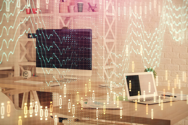 Double exposure of financial graph drawing and office interior background. Concept of stock market. - Zdjęcie, obraz