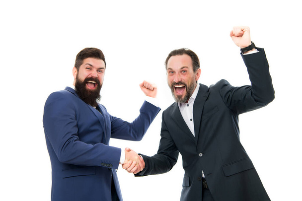 Congratulations, we did it. Happy businessmen express congratulations. Bearded men celebrate success. Congratulations on business deal. Handshaking and offering congratulations. Congrats. Hooray - Photo, Image