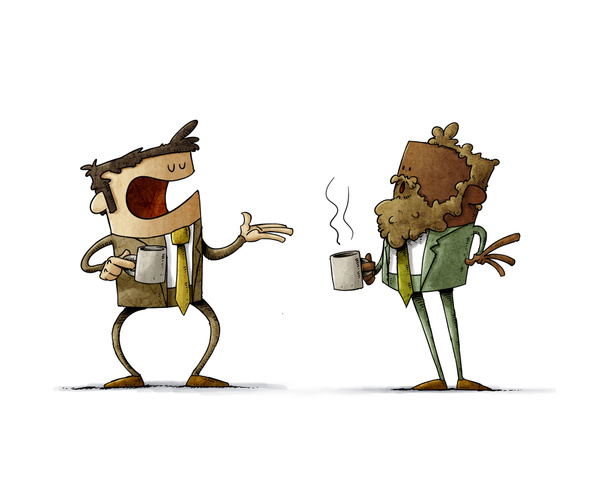 Illustration von zwei Geschäftsleuten, die Kaffee trinken, während sie reden und Entscheidungen treffen. isoliert - Foto, Bild