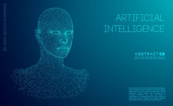 Artificial intelligence head, city human and innovations sciences fictions. Artificial technology human head concept. Cyborg background with artificial intelligence components, artificial intelligence - Vetor, Imagem