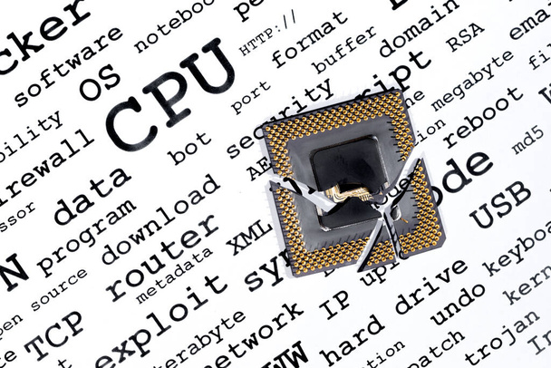 Eine geknackte, kaputte CPU, die auf computerbezogenen Schlüsselwörtern ruht. - Foto, Bild