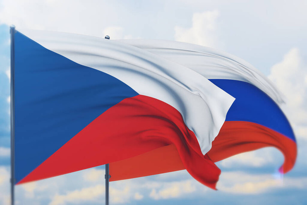 Waving Russian flag and flag of Czech Republic. Closeup view, 3D illustration. - Photo, Image