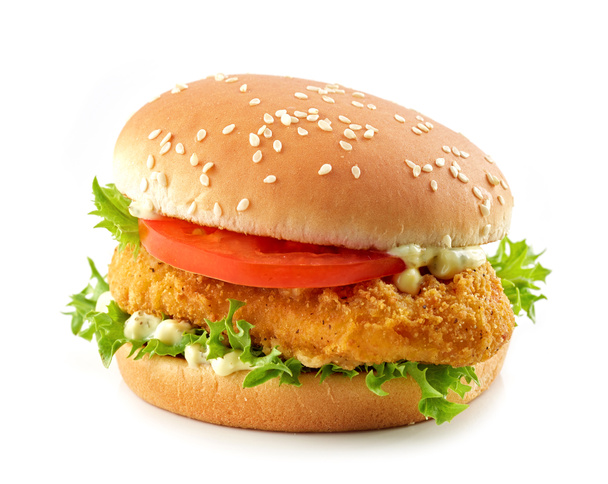 burger ze smażonym mięsem z kurczaka izolowane na białym tle - Zdjęcie, obraz
