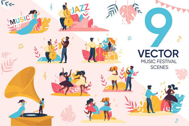 Festival de música de jazz al aire libre Set de escenas de personas - Vector, Imagen