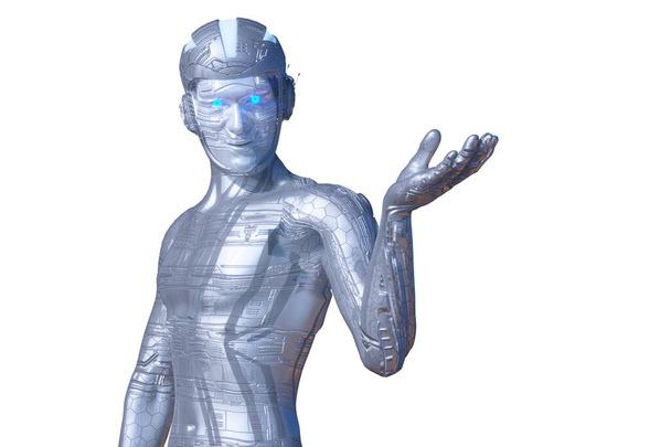 humanoid robot thinking on white background 3D render illustration - Photo, Image
