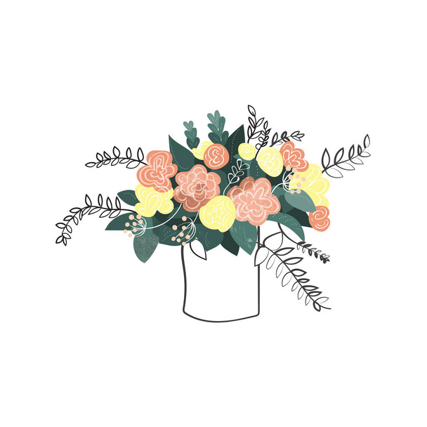 bouquet of flowers in the vase. hand drawn summer flowers - Vector, Image
