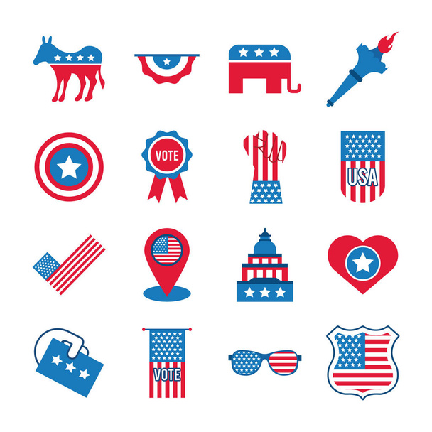 csomag tizenhat amerikai választások meghatározott ikonok - Vektor, kép