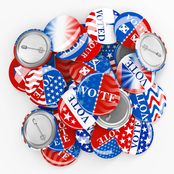 Montón de rojo, blanco y azul americano Voto pin. Colección de botones de votación para las elecciones presidenciales de Estados Unidos o elecciones locales. 3d renderizar. - Foto, Imagen