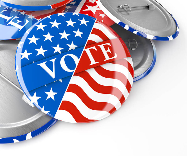 Haufen amerikanischer roter, weißer und blauer Vote Pins. Sammlung von Wahlknöpfen für US-Präsidentschaftswahlen oder Kommunalwahlen. 3D-Darstellung. - Foto, Bild