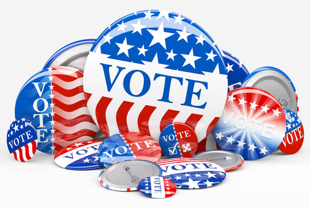 Amerikai piros, fehér és kék szavazólap. Szavazógombok gyűjtése az amerikai elnökválasztáshoz vagy önkormányzati választásokhoz. 3d renderelés. - Fotó, kép