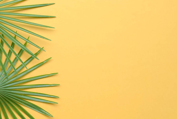 Tropical palm leaves side frame on yellow background. Top view, copy space. - Fotó, kép