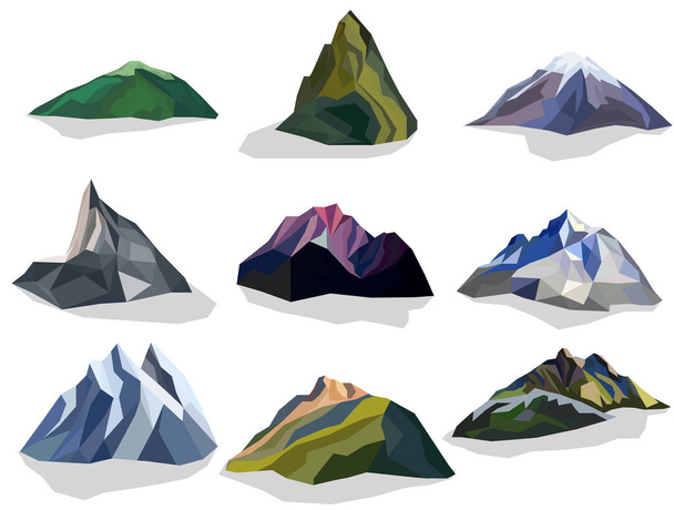 vettore del set di poligoni di montagna, concetto di stile di modellazione a basso poli, uso per il programma di gioco, forma geometrica a triangolo, arte vettoriale e illustrazione. - Vettoriali, immagini