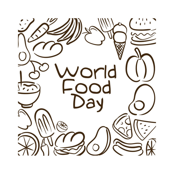 world food day celebration lettering with food pattern line style - Vektor, Bild