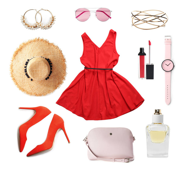 Stylish look. Collage with dress, shoes, accessories and cosmetics for woman on white background - Foto, Imagem