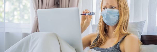 Woman lies in bed and has an online consultation with doctor GP BANNER, LONG FORMAT - Foto, immagini
