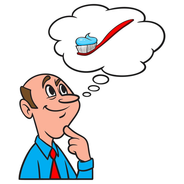 Thinking about a Toothbrush with Toothpaste - A cartoon illustration of a man thinking about a Toothbrush with Toothpaste. - Vector, Image