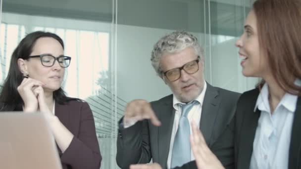 Baard CEO van middelbare leeftijd in bril in gesprek met managers - Video