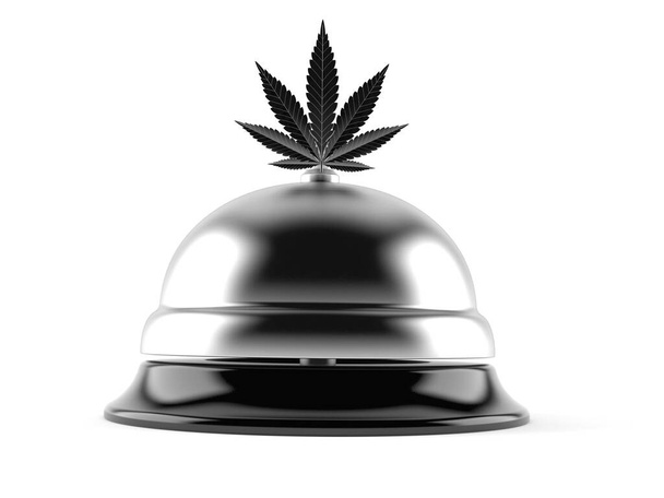 白い背景にホテルの鐘と大麻の葉。3Dイラスト - 写真・画像