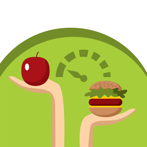 Due mani pesano una mela e un cheeseburger. Una corretta alimentazione, assistenza sanitaria, dieta. - Vettoriali, immagini
