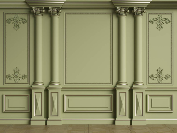 Classic interior wall with mouldings.Floor parquet herringbone.Digital illustration.3d rendering - Zdjęcie, obraz