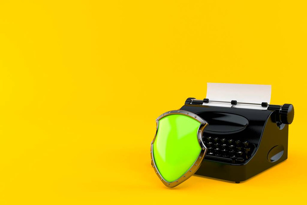 Máquina de escribir con escudo protector aislado sobre fondo naranja. ilustración 3d - Foto, Imagen