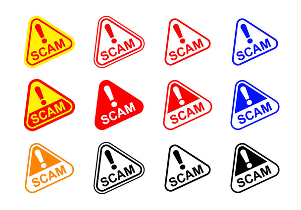 詐欺の三角形の標識ラベル白で隔離されました,スパムメールメッセージとエラーウイルスのための詐欺警告標識グラフィック,ハッキング犯罪技術のシンボルコンセプトのための詐欺警告アイコン三角形 - ベクター画像