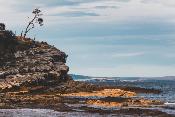 detail of the view from Blackmans Bay beach natural landscape in South Hobart in Tasmania, Australia - Fotoğraf, Görsel